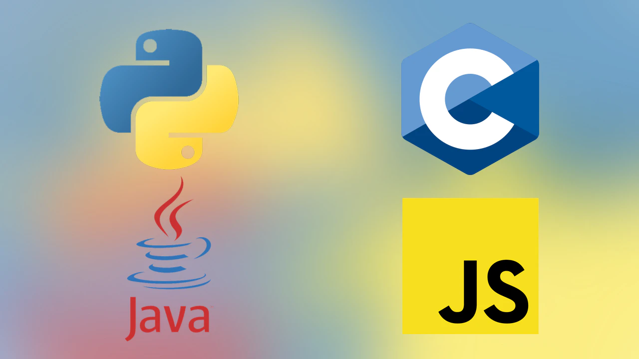 Python, C, Java, javascript의 로고와 몽환적인 그라데이언트